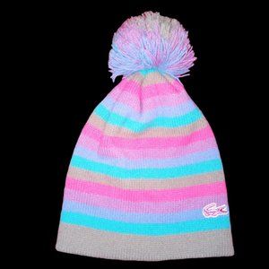 Authentic Izod Lacoste Striped Adult Beanie Hat with Pompom and Pink Alligator